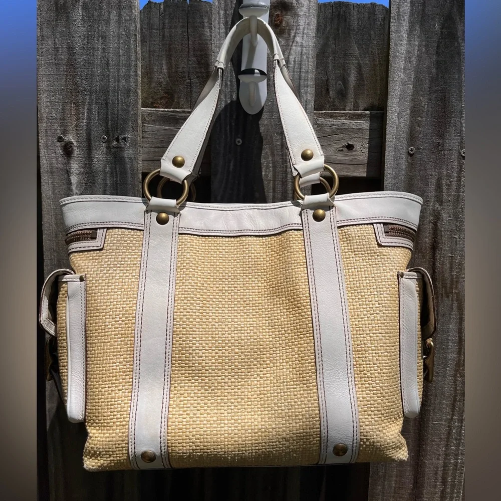 Coach Large Legacy Tote in White Leather & Natural Straw